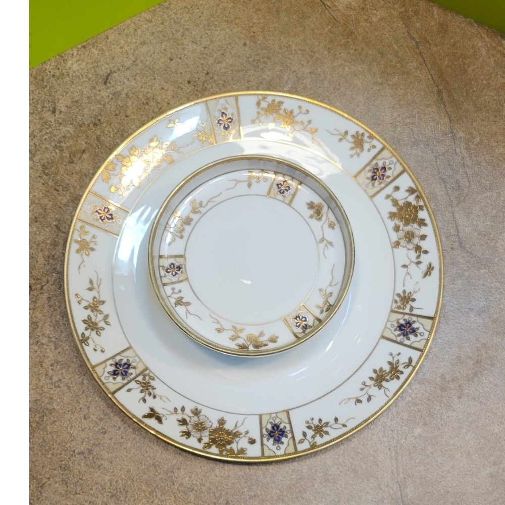 Nippon Hand Painted Porcelain Mayonnaise Bowl and Underplate Gold Moriage Blue